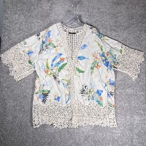 Spiaggia Dolce Womens M Kimono‎ Cardigan Floral Print Crochet Lace Trim White